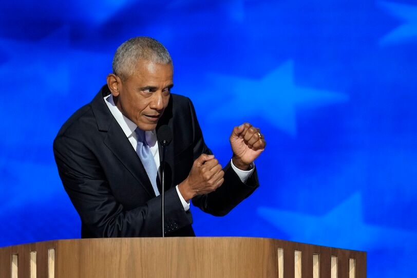 Aug 20, 2024; Chicago, IL, USA; Former President Barack Obama speaks during the second day of the Democratic National Convention at the United Center. Mandatory Credit: Jasper Colt-USA TODAY