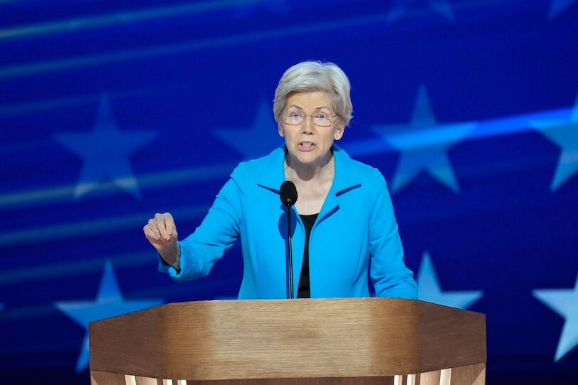 Aug 22, 2024; Chicago, IL, USA; Sen. Elizabeth Warren, D-Mass., speaks during the final day of the Democratic National Convention at the United Center. Mandatory Credit: Jasper Colt-USA TODAY