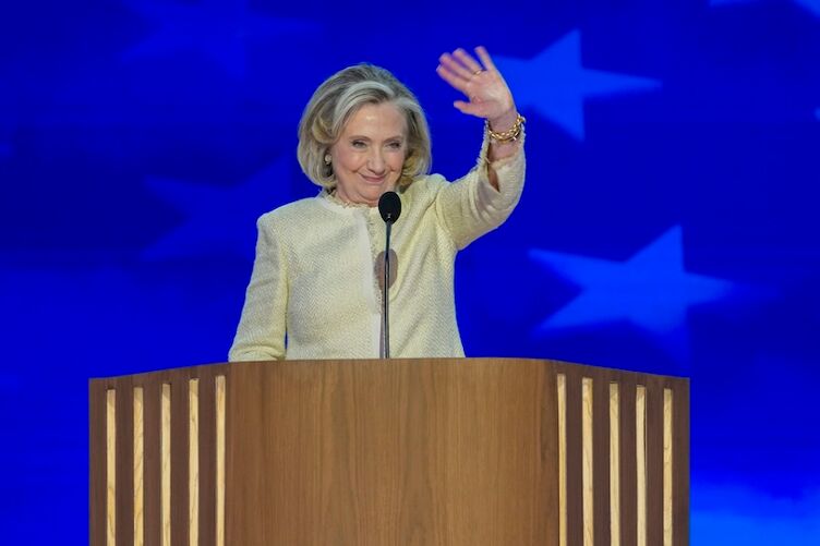 Aug 19, 2024; Chicago, IL, USA; Hillary Rodham Clinton, Former Secretary of State, speaks during the first day of the Democratic National Convention at the United Center. The DNC program will feature President Joe Biden and Former Secretary of State Hillary Clinton during Monday's ceremonies. Mandatory Credit: Jasper Colt-USA TODAY