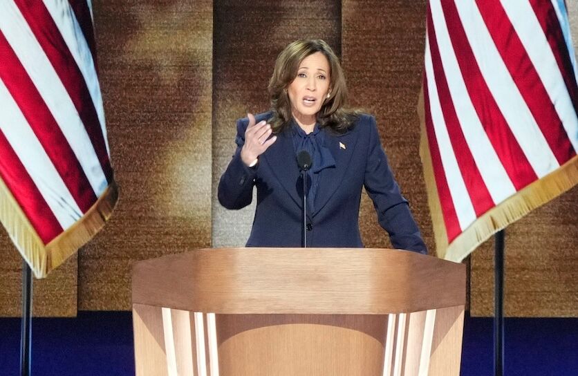 Aug 22, 2024; Chicago, IL, USA; Democratic presidential nominee Vice President Kamala Harris speaks during the final day of the Democratic National Convention at the United Center. Mandatory Credit: Jasper Colt-USA TODAY