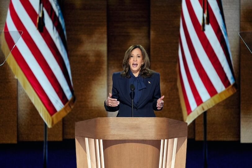 Aug 22, 2024; Chicago, IL, USA; Democratic presidential nominee Vice President Kamala Harris speaks during the final day of the Democratic National Convention at the United Center. Mandatory Credit: Jasper Colt-USA TODAY