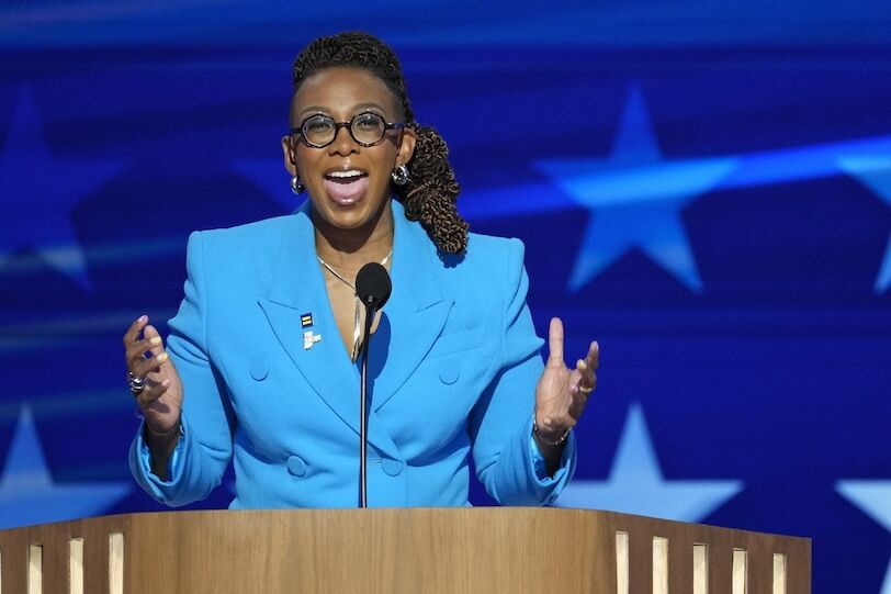 Kelley Robinson, President, Human Rights Campaign, speaks during the third day of the Democratic National Convention at the United Center. Mandatory Credit: Jasper Colt-USA TODAY