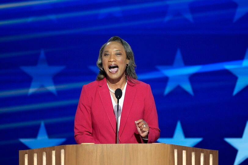 Aug 19, 2024; Chicago, IL, USA; Sen. Laphonza Butler, D-Calif. speaks during the first day of the Democratic National Convention at the United Center. The DNC program will feature President Joe Biden and Former Secretary of State Hillary Clinton during Monday's ceremonies. Mandatory Credit: Jasper Colt-USA TODAY