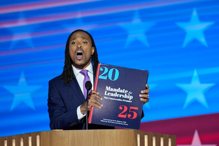 Aug 20, 2024; Chicago, IL, USA; Rep. Malcolm Kenyatta (Penn.) speaks during the second day of the Democratic National Convention at the United Center. Mandatory Credit: Jasper Colt-USA TODAY