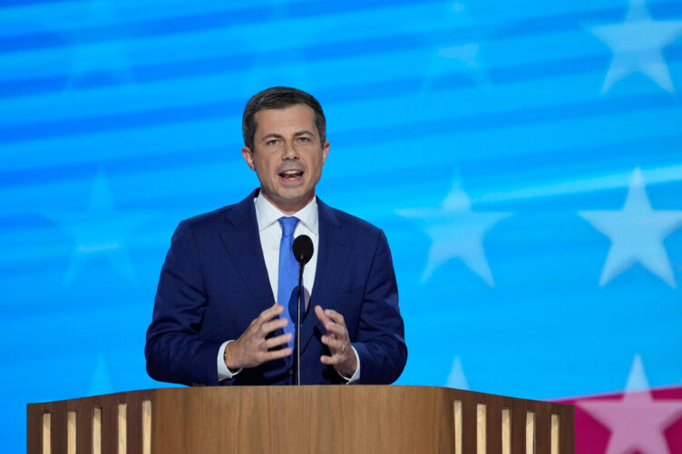 Aug 21, 2024; Chicago, IL, USA; Transportation Secretary Pete Buttigieg speaks during the third day of the Democratic National Convention at the United Center. Mandatory Credit: Jasper Colt-USA TODAY