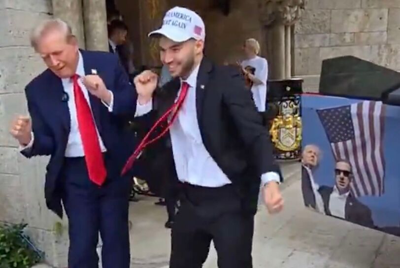 Donald Trump dancing alongside Adin Ross. The car door shows Trump after his assassination attempt in July.