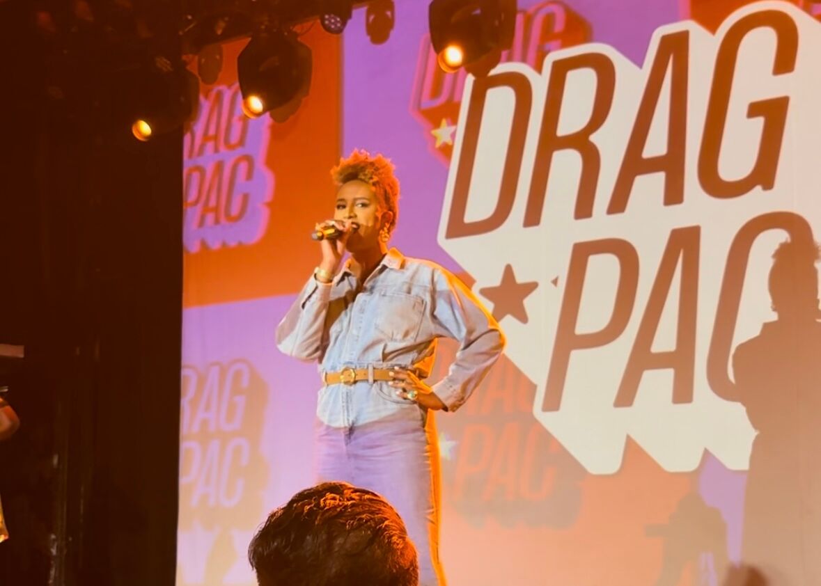 Politician, performer, and activist Honey Mahogany addresses the crowd at Drag PAC's Drag Night Chicago