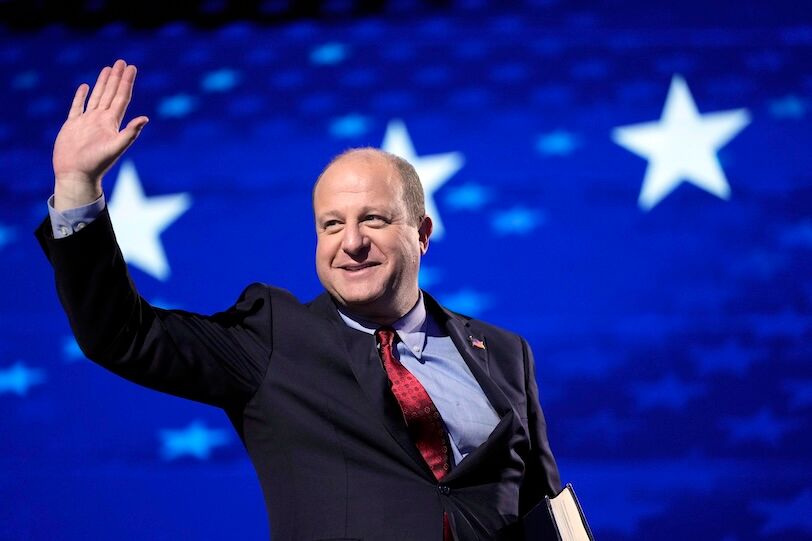 Aug 21, 2024; Chicago, IL, USA; Colorado Gov. Jared Polis speaks during the third day of the Democratic National Convention at the United Center. Mandatory Credit: Mike De Sisti-USA TODAY