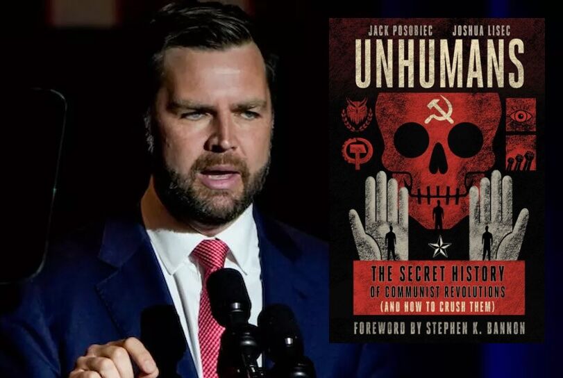 Republican vice presidential nominee Sen. J.D. Vance (R-OH) and the cover of the book "Unhumans"