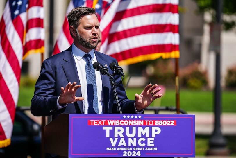 Republican vice presidential nominee, Senator JD Vance, holds a press conference on crime and safety in Kenosha, Wisconsin on Tuesday, August 20, 2024. Mandatory Credit: Scott Ash / Milwaukee Journal Sentinel - USA Today Network