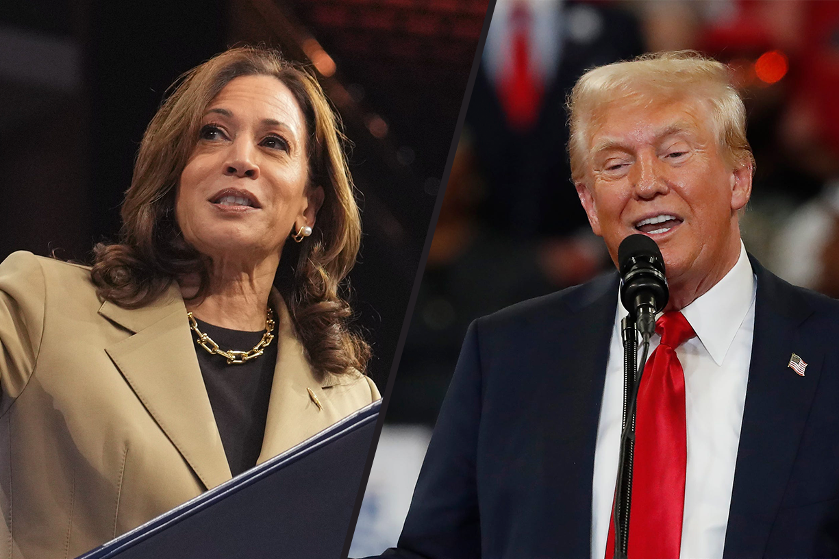 Split-screen of Kamala Harris on the left and Donald Trump on the right. Kamala Harris is wearing a tan blazer with a black top and a gold chain necklace, speaking confidently. Donald Trump is wearing a dark suit with a red tie, speaking into a microphone with a creepy smile on his face.