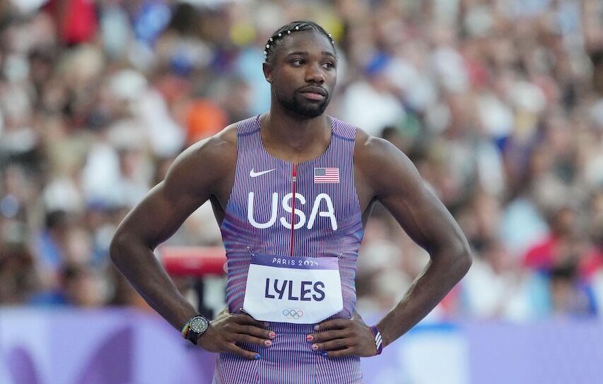 Aug 5, 2024; Saint-Denis, FRANCE; Noah Lyles (USA) before the men's 200m round 1 heats during the Paris 2024 Olympic Summer Games at Stade de France. Mandatory Credit: Kirby Lee-USA TODAY Sports