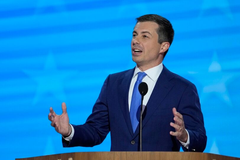 Aug 21, 2024; Chicago, IL, USA; Sec. Pete Buttigieg speaks during the third day of the Democratic National Convention at the United Center. Mandatory Credit: Jasper Colt-USA TODAY