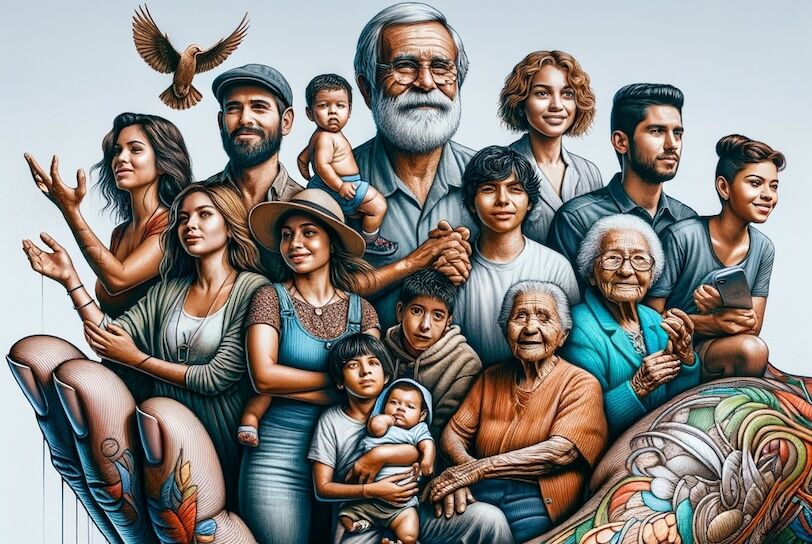 Studio shot photo of composition, open studio lighting, american drawing of people women and men, child, adolescent, adult and old on the palm of one hand. empathy, very happy and proud. with many details. human rights support. latinos, caldas, colombia.