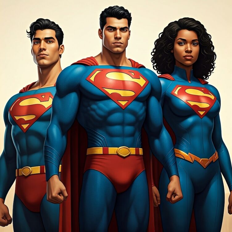 Superheroes of different ethnicities, including a Hispanic male, African American female and male, wearing Superman costumes, cartoon style, standing close together, vibrant colors, dynamic poses, engaging expressions, bold outlines, colorful costumes,