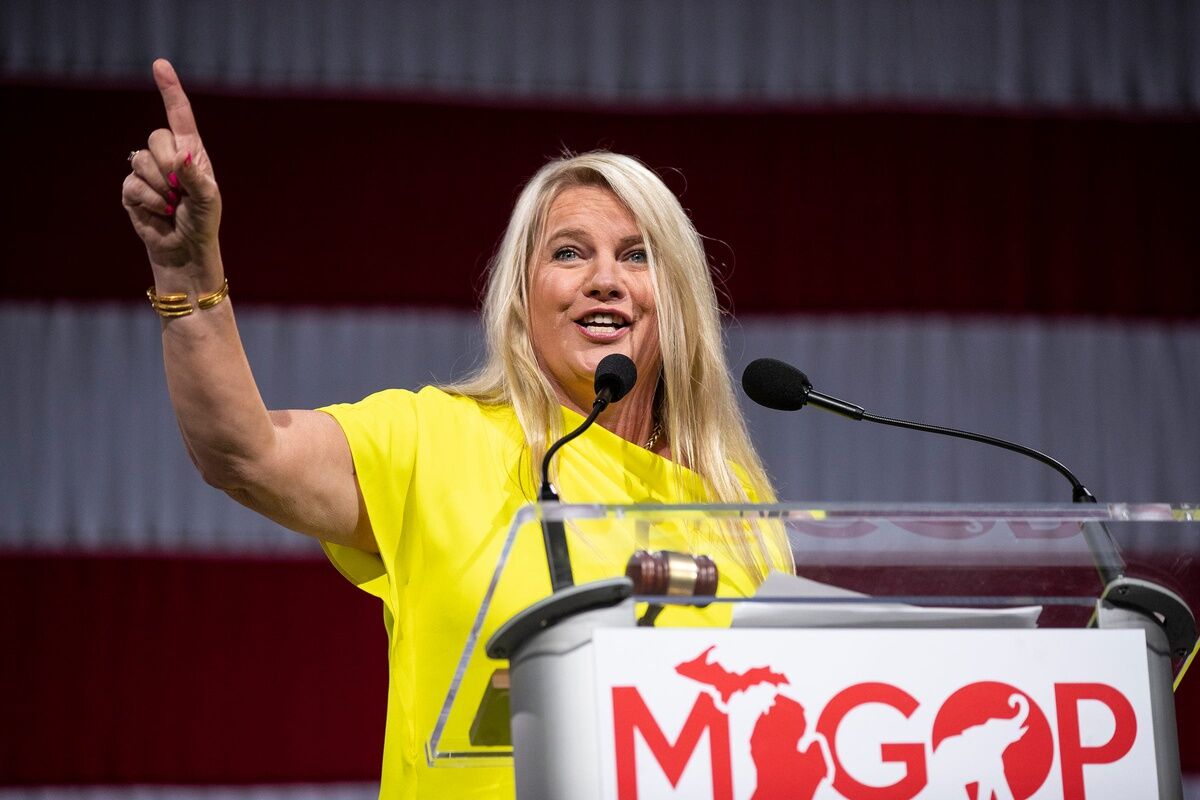 Michigan Republican Party co-chair Meshawn Maddock announces the statewide candidate's nominations during the MIGOP State Nominating Convention at the Lansing Center in Lansing on August 27, 2022.