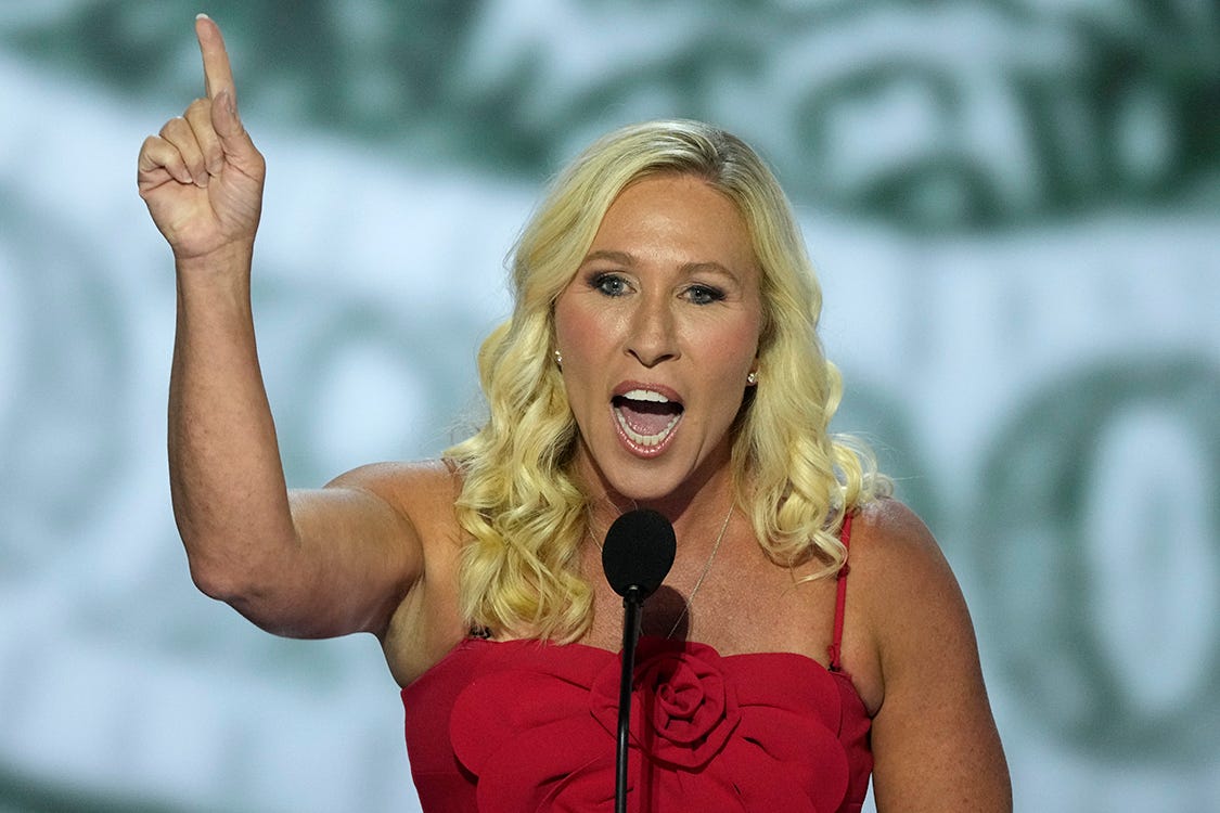 Rep. Marjorie Taylor Greene, R-Ga. speaks during the first day of the Republican National Convention.