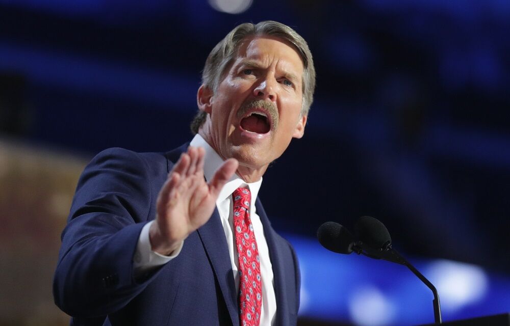 Jul 16, 2024; Milwaukee, WI, USA; Eric Hovde, Wisconsin U.S. Senate candidate delivers remarks during the second day of the Republican National Convention