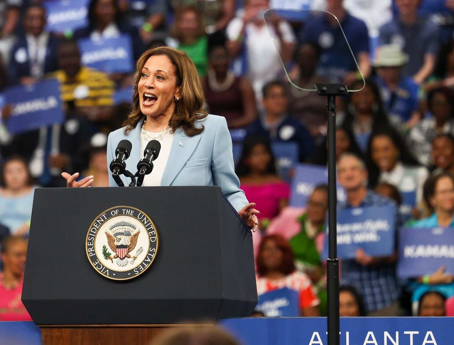 Tuesday, July 30, 2024; Atlanta, Ga; Vice President Kamala Harris speaks during a presidential campaign rally at the Georgia State Convocation Center in Atlanta