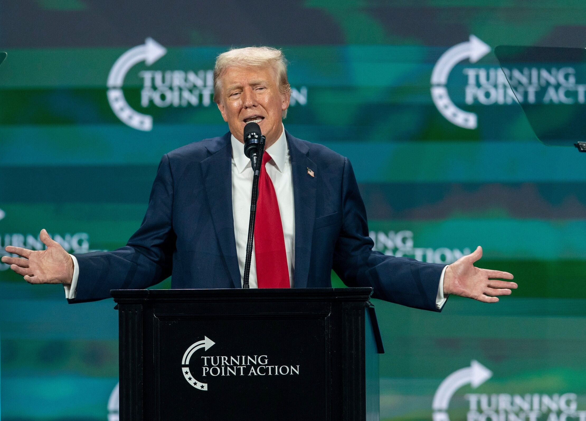 Former President Donald Trump speaks at the Turning Point USA Believers' Summit at the Palm Beach County Convention Center, July 26 in West Palm Beach, Florida.