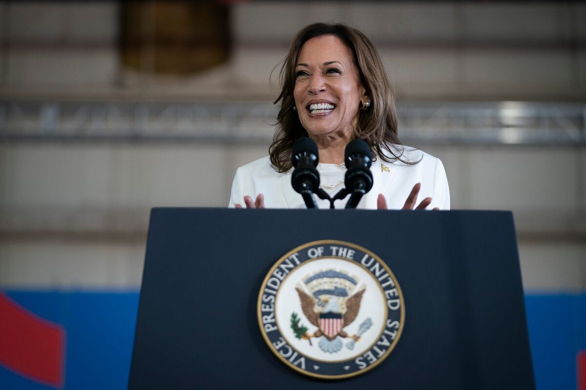 U.S. Vice President and democratic candidate for U.S. president Kamala Harris is joined on stage with her chosen running mate Minnesota Gov. Tim Walz during a campaign stop in Detroit on Wednesday, Aug. 7, 2024.