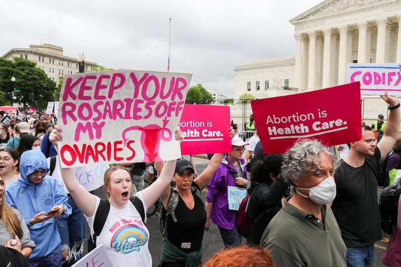 Protestors march in front of the Supreme Court. as part of the “Bans Off Our Bodies” protests in support of abortion rights on Saturday, May 14, 2022.