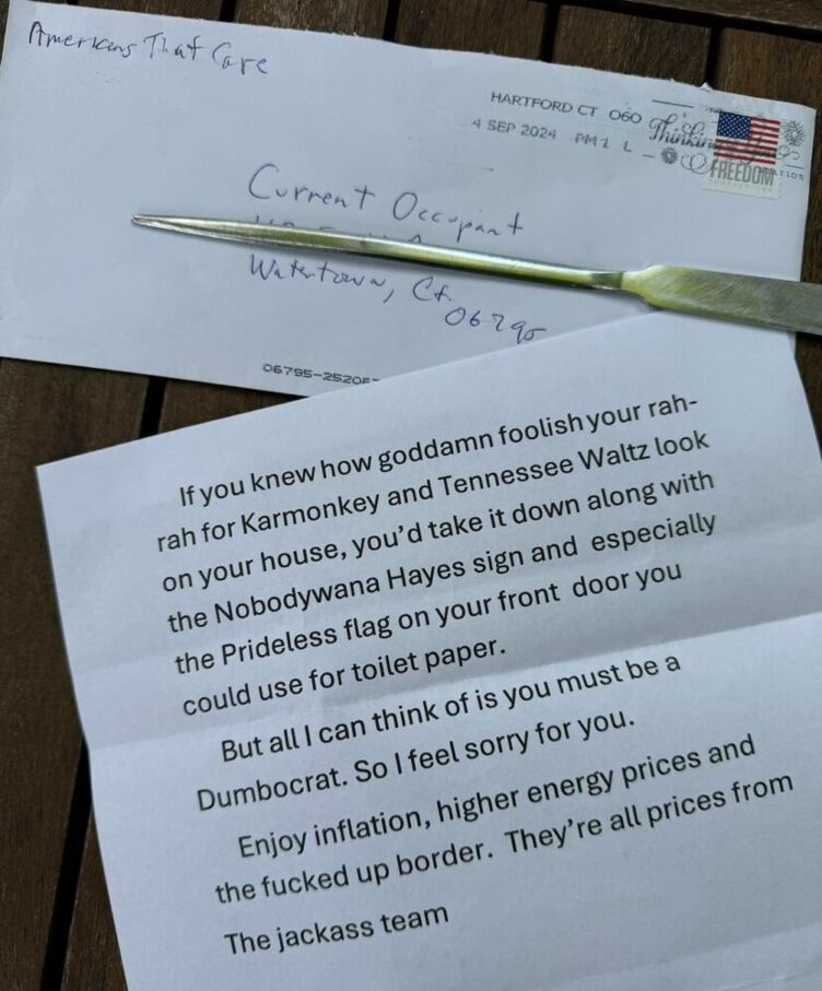 The anonymous racist and homophobic letter sent to Christopher Cole to his husband.