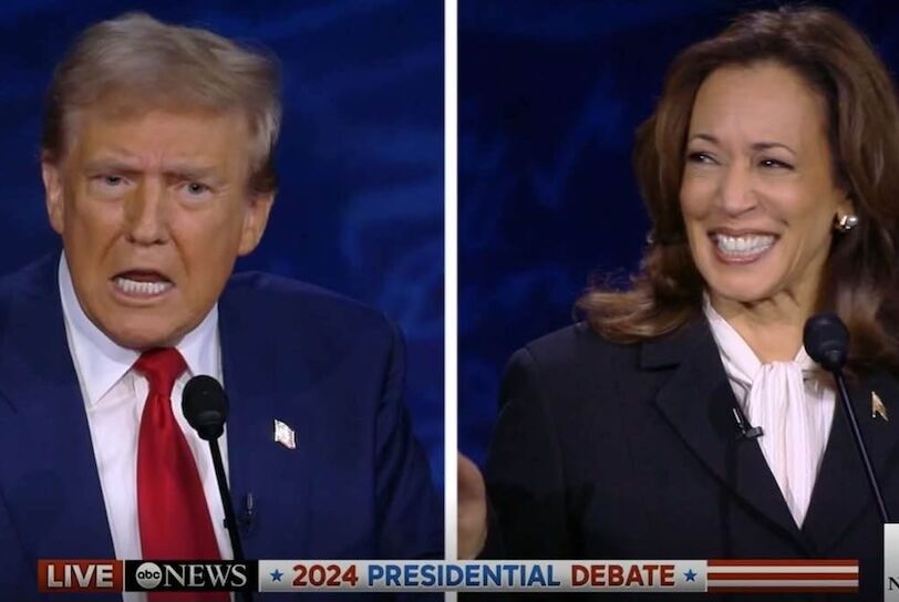 Former President Donald Trump speaks while Vice President Kamala Harris smiles during their first presidential debate.