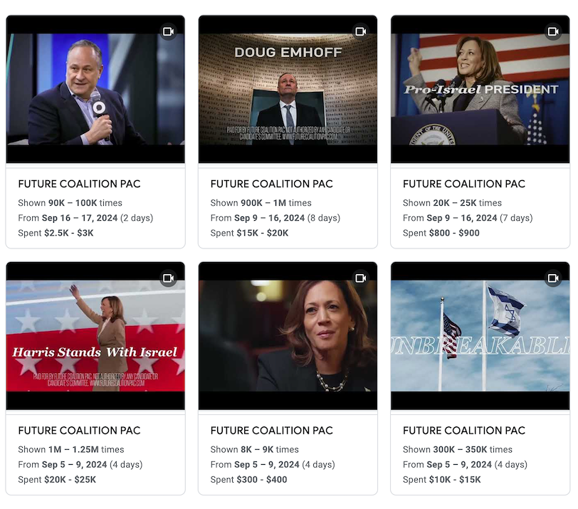 An image showing six of the Future Coalition Super PAC's ads as well as the money and viewing statistics behind them.