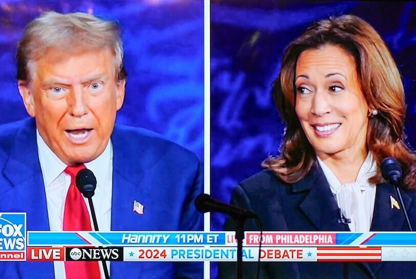 The presidential debate between former President Donald Trump and Vice President Kamala Harris is shown at a watch party hosted by the Travis County and Hays County Republicans at Pinballz Kingdom in Buda Tuesday September 10, 2024.