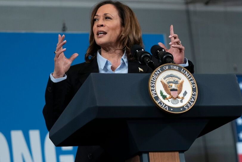 Vice President Kamala Harris speaks at Northwestern High School in Detroit during a Labor Day Rally on Monday, Sept. 2, 2024.