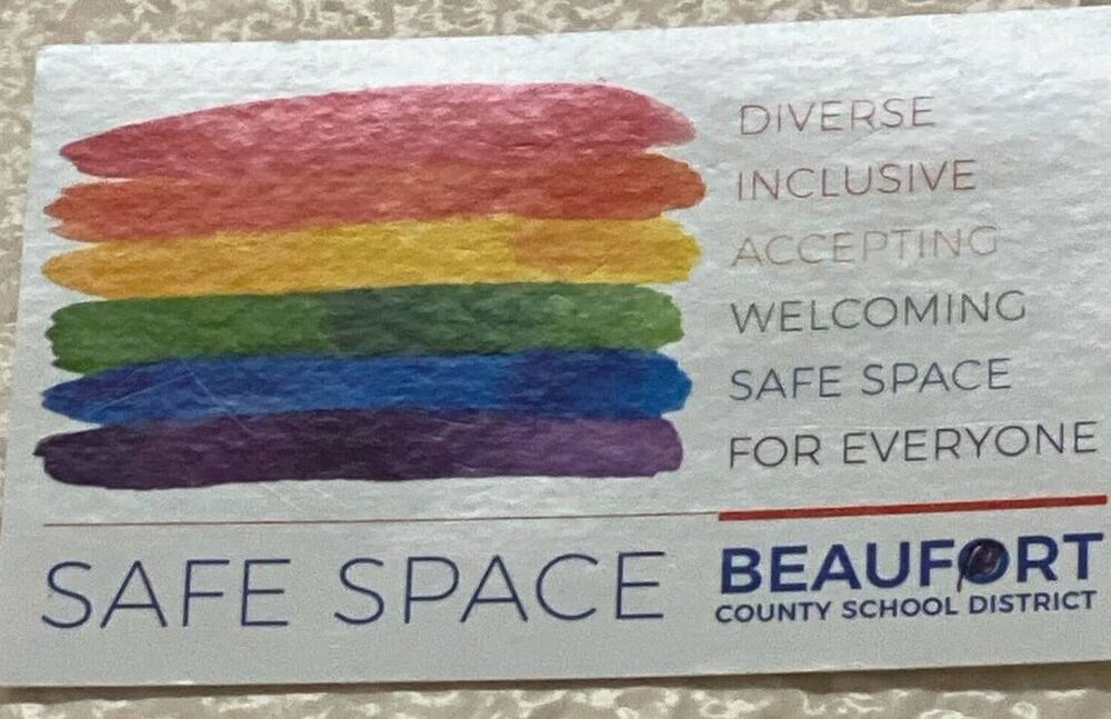 A district-issued diversity and safe space sticker that Burleson had displayed in her classroom.