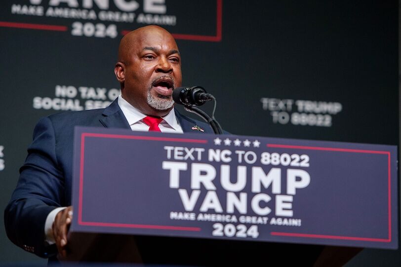 North Carolina Lieutenant Governor Mark Robinson speaks at Donald Trump‚Äôs campaign rally in Asheville, August 14, 2024.