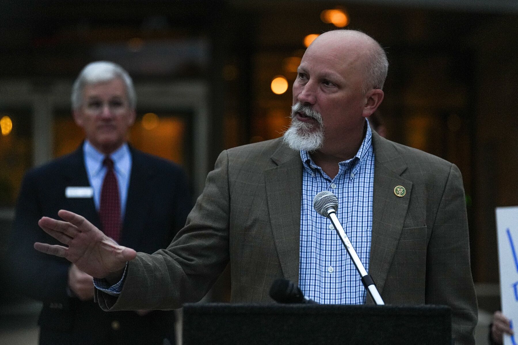 Rep. Chip Roy speaks at a rally for the Austin Police Department and candlelight vigil for officer Jorge Pastore at Austin City Hall on Sunday, Nov. 12, 2023