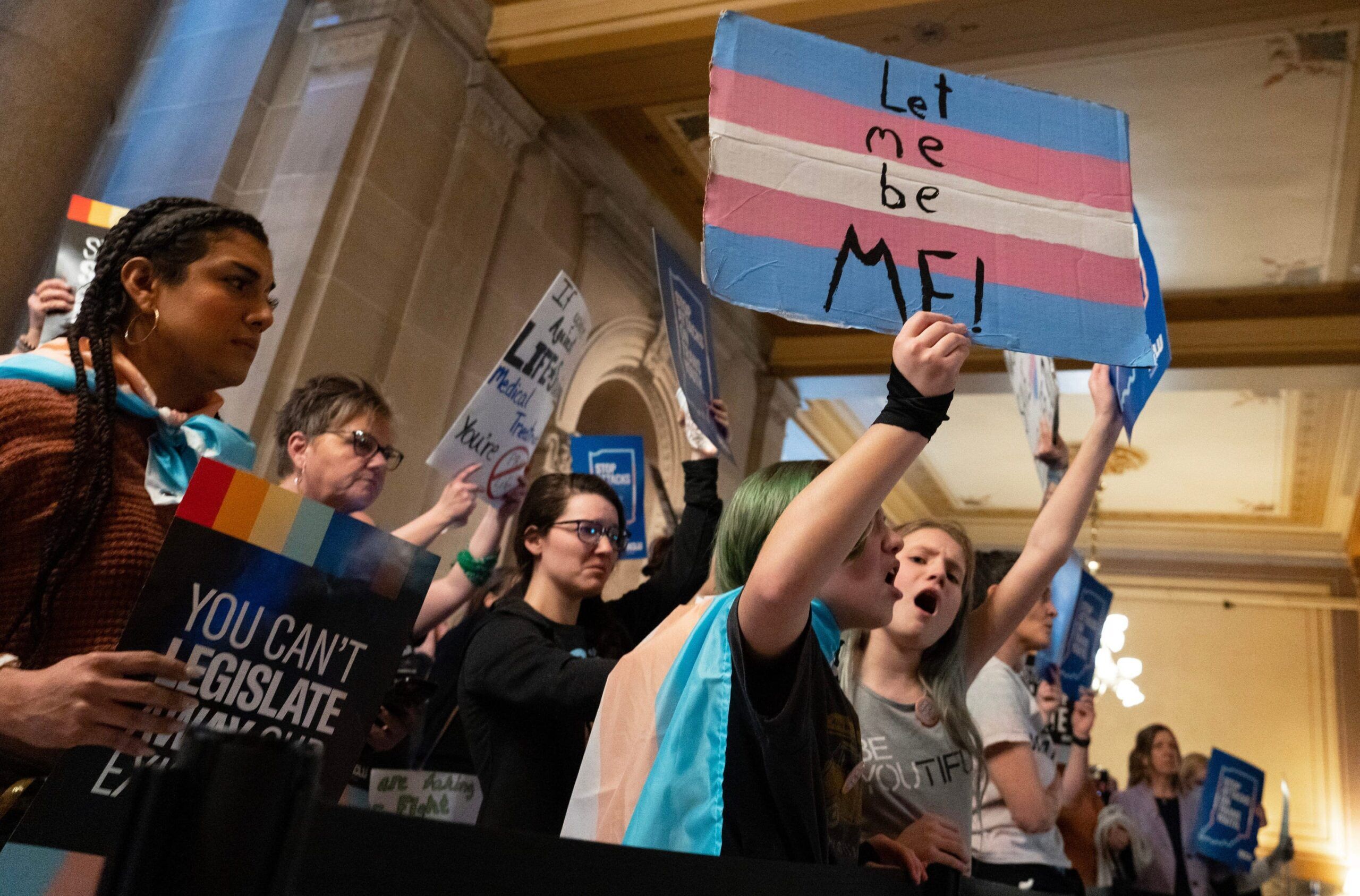 People protest against SB 480, a total ban on affirming care for transgender youth.