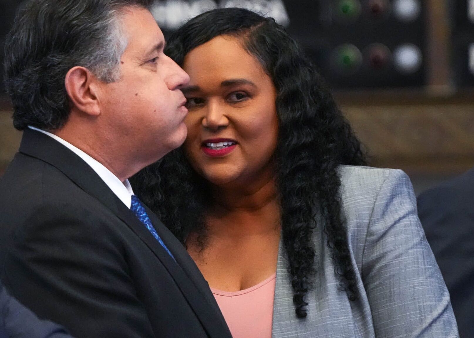 Texas Rep. Shawn Thierry, right, speaks to Rep. Raymond Peña at the Texas Capitol on Thursday, July 13, 2023.