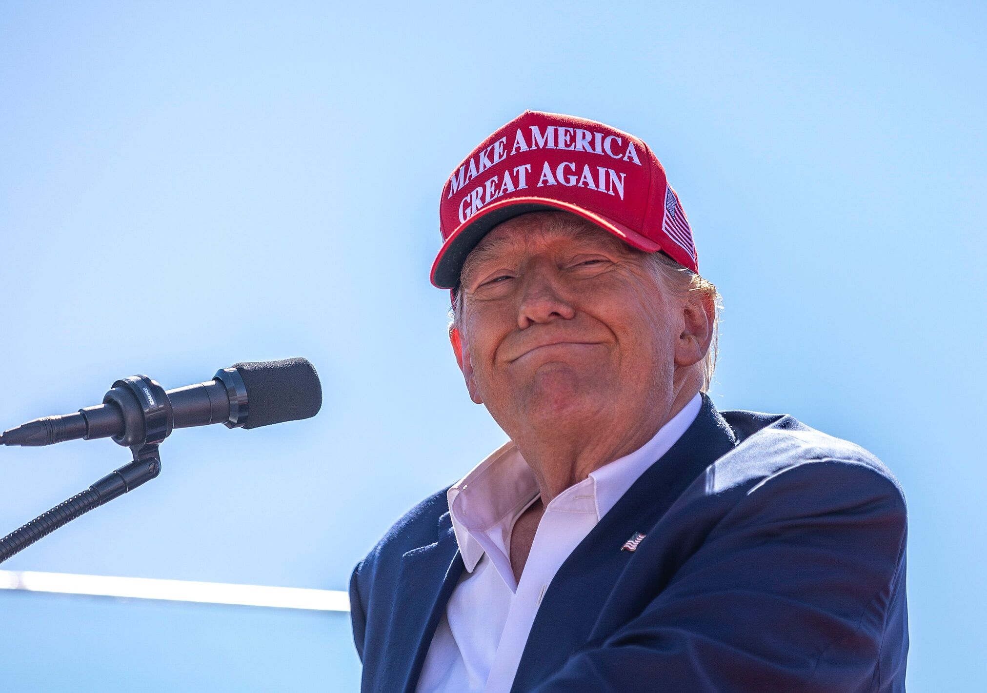 Donald Trump gives a speech at Central Wisconsin Airport in Mosinee, Wisconsin on Saturday, September 7, 2024.