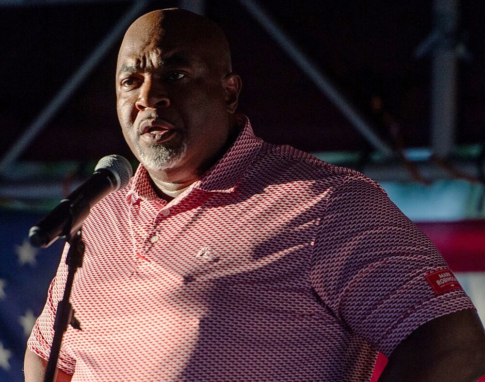 Mark Robinson, Republican candidate for North Carolina governor, speaks at his rally in Burnsville, September 14, 2024.