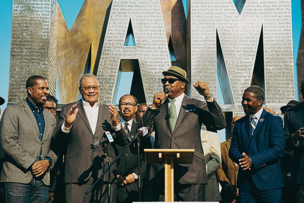 Democratic elected officials and prominent black male leaders gather during a press conference to voice why black men should vote for presidential candidate Kamala Harris in the upcoming election at I Am A Man Plaza on Monday, Oct. 14, 2024 in Memphis, Tennessee