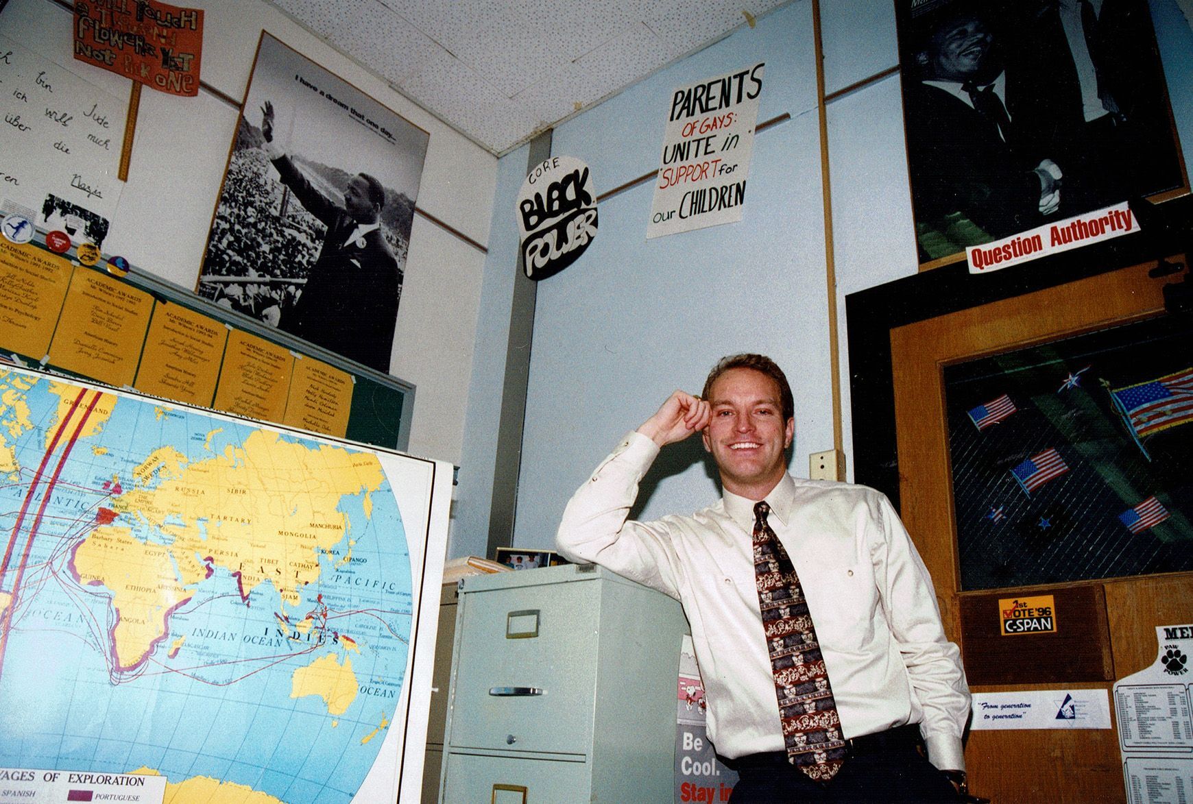 Rodney Wilson, founder of LGBTQ History Month, inside his social studies classroom in 1997