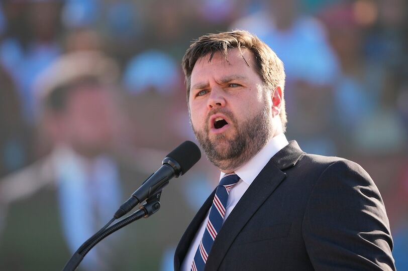 Apr 23, 2022; Delaware, Ohio, USA; JD Vance speaks during a rally with former President Donald Trump at the Delaware County Fairgrounds.