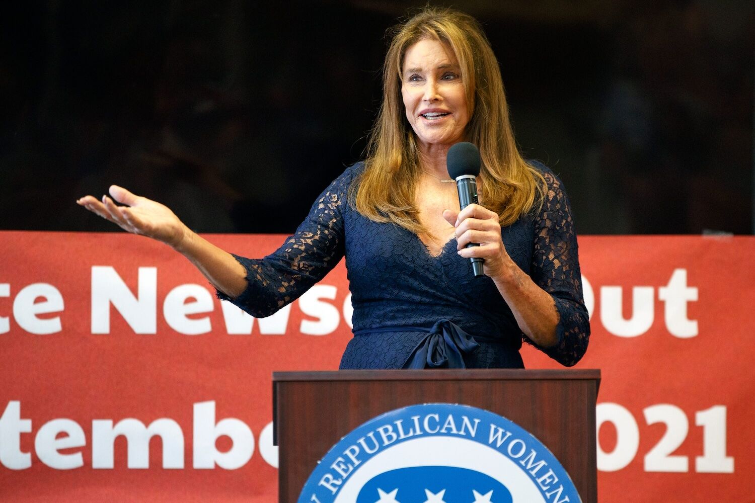 Failed gubernatorial recall candidate Caitlyn Jenner speaks at the East Valley Republican Women Federated headquarters in La Quinta, California on August 16, 2021.