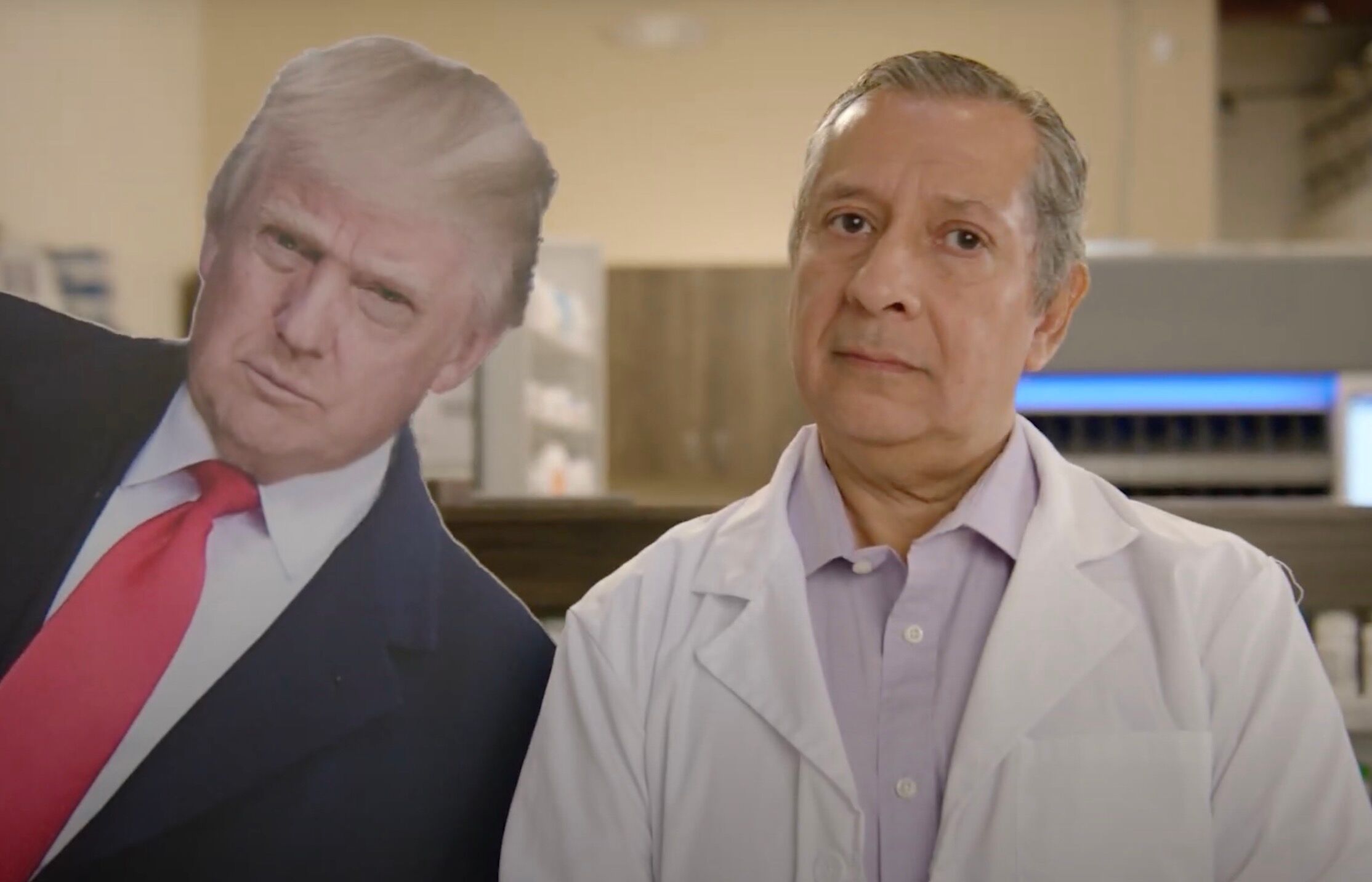 A cardboard cutout of Donald Trump beside a pharmacist denying birth control and abortion medications to a customer in HRC's new ad