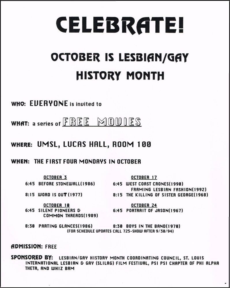 Flier for the University of Missouri–St. Louis film festival to honor the first ever LGBTQ History Month.