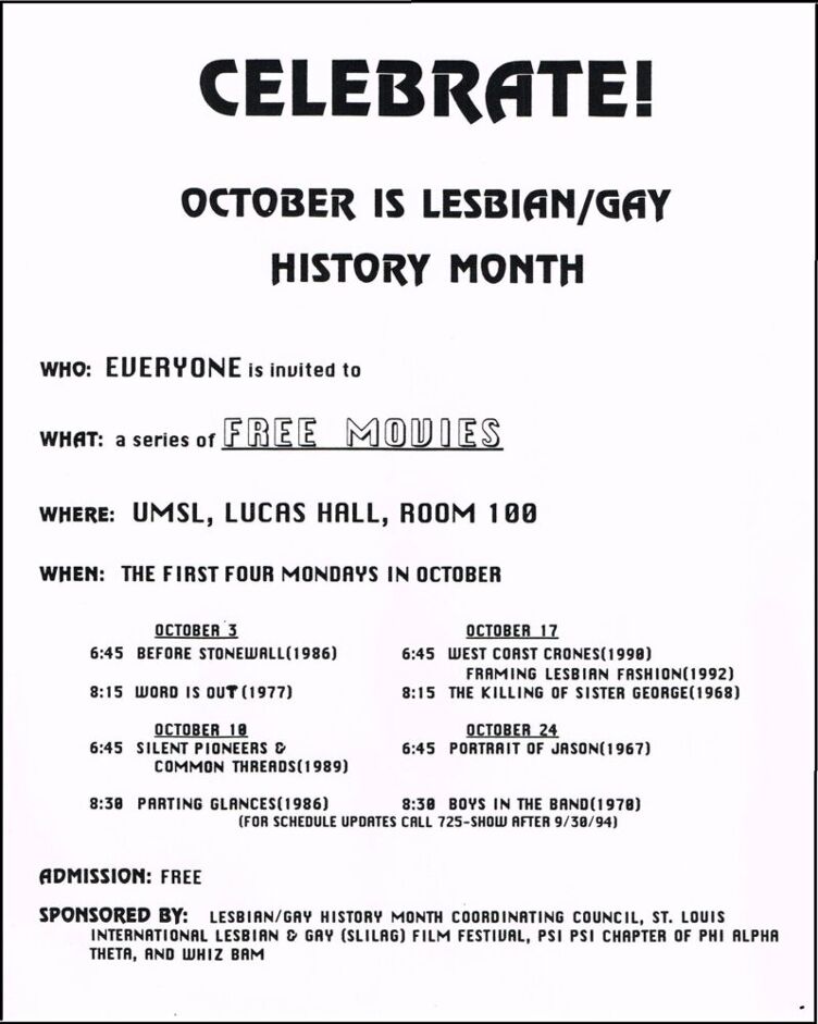 Flier for the University of Missouri–St. Louis film festival to honor the first ever LGBTQ History Month.