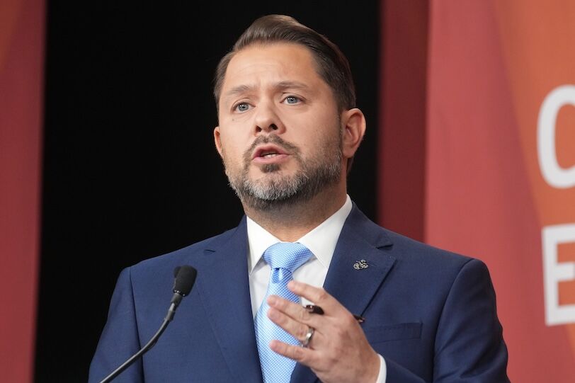 Democratic U.S. Senate candidate Rep. Ruben Gallego, D-Ariz., answers questions while debating Republican candidate Kari Lake during the Arizona Clean Election Commission debate at BitFire Studios in Phoenix on Oct. 9, 2024.