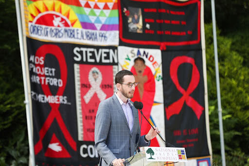 SAN FRANCISCO, CA - JUNE 5: California State Senator Scott Wiener speaks during the 40th Anniversary of the AIDS Pandemic at the National AIDS Memorial Grove at Golden Gate Park in San Francisco, Calif., on Saturday, June 5, 2021. Today marks the 40th anniversary since the first cases of AIDS were reported in the United States on June 5, 1981.