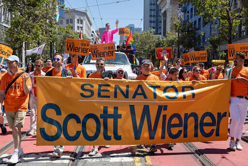 SAN FRANCISCO, CALIFORNIA - JUNE 30: The Senator Scott Wiener contingent marches at the 54rd Annual San Francisco Pride Parade on June 30, 2024 in San Francisco, California.