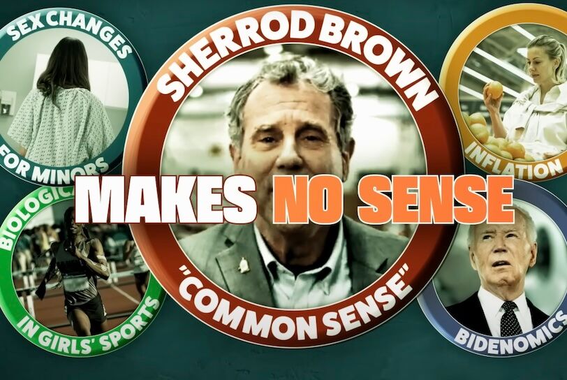 A still image from a transphobic Republican ad against Sen. Sherrod Brown (D-OH)