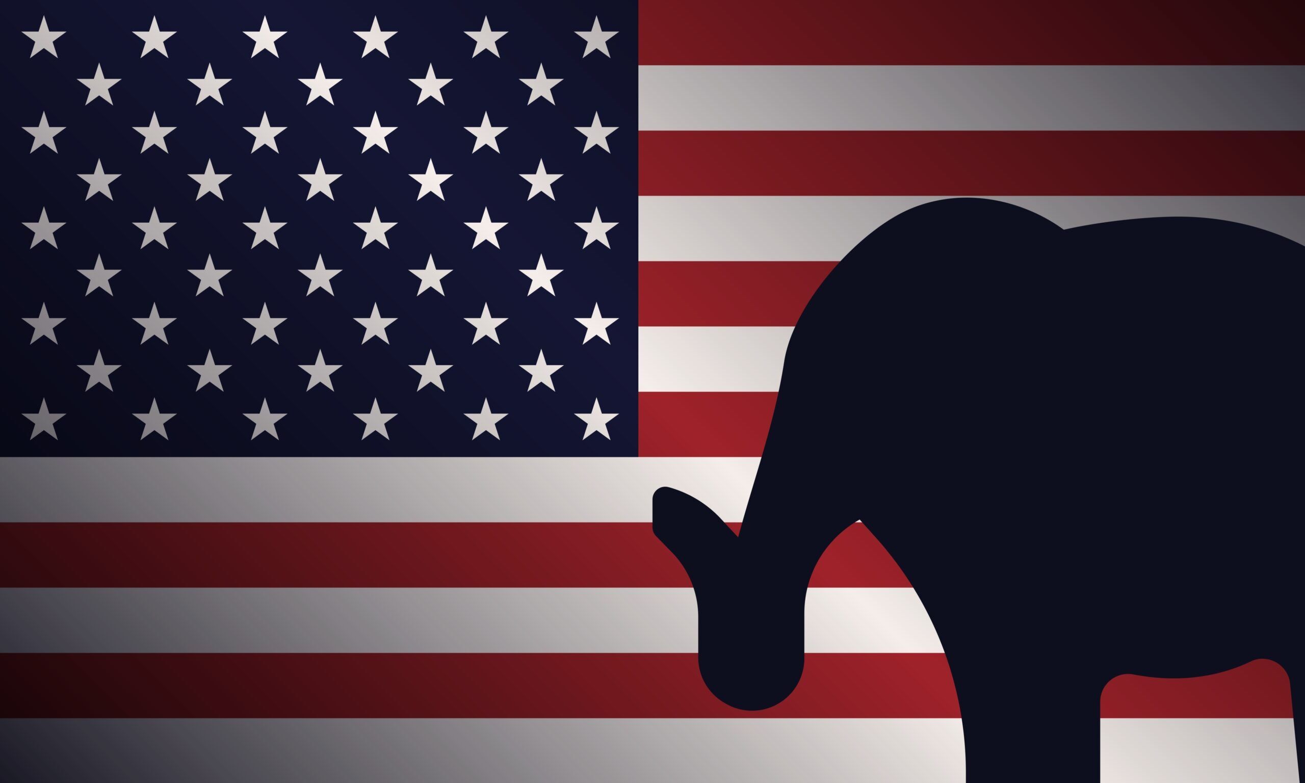 A silhouette of an elephant, symbolizing the Republican Party, stands against the background of the American flag, highlighting the party's influence and significance in the political landscape of USA